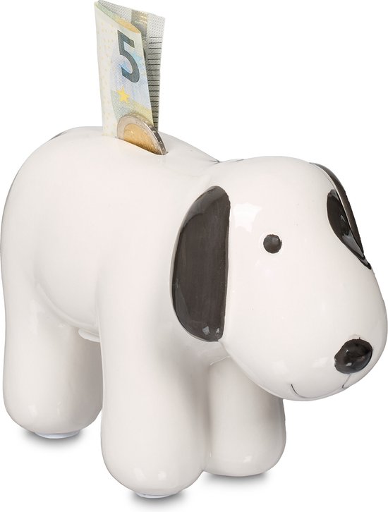 Tirelire chien Relaxdays - céramique - 12 x 21 x 9 cm - avec ouverture - noir et blanc