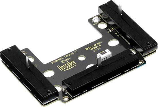 Zwarte printplaat voor DJ-mixer met twee zwarte faders en Hercules logo. Connectoren zichtbaar.