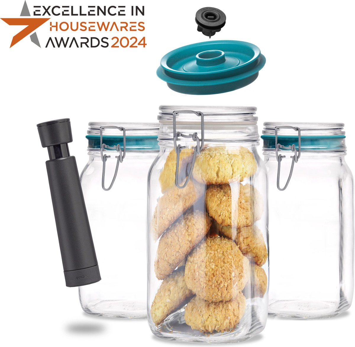 Airtender Bormioli Rocco Fido - Set van 3x 1500 ml Weckpotten - Vierkant - met Vacuümdeksels & GRATIS Vacuümpomp - 5x Langer Vers houden