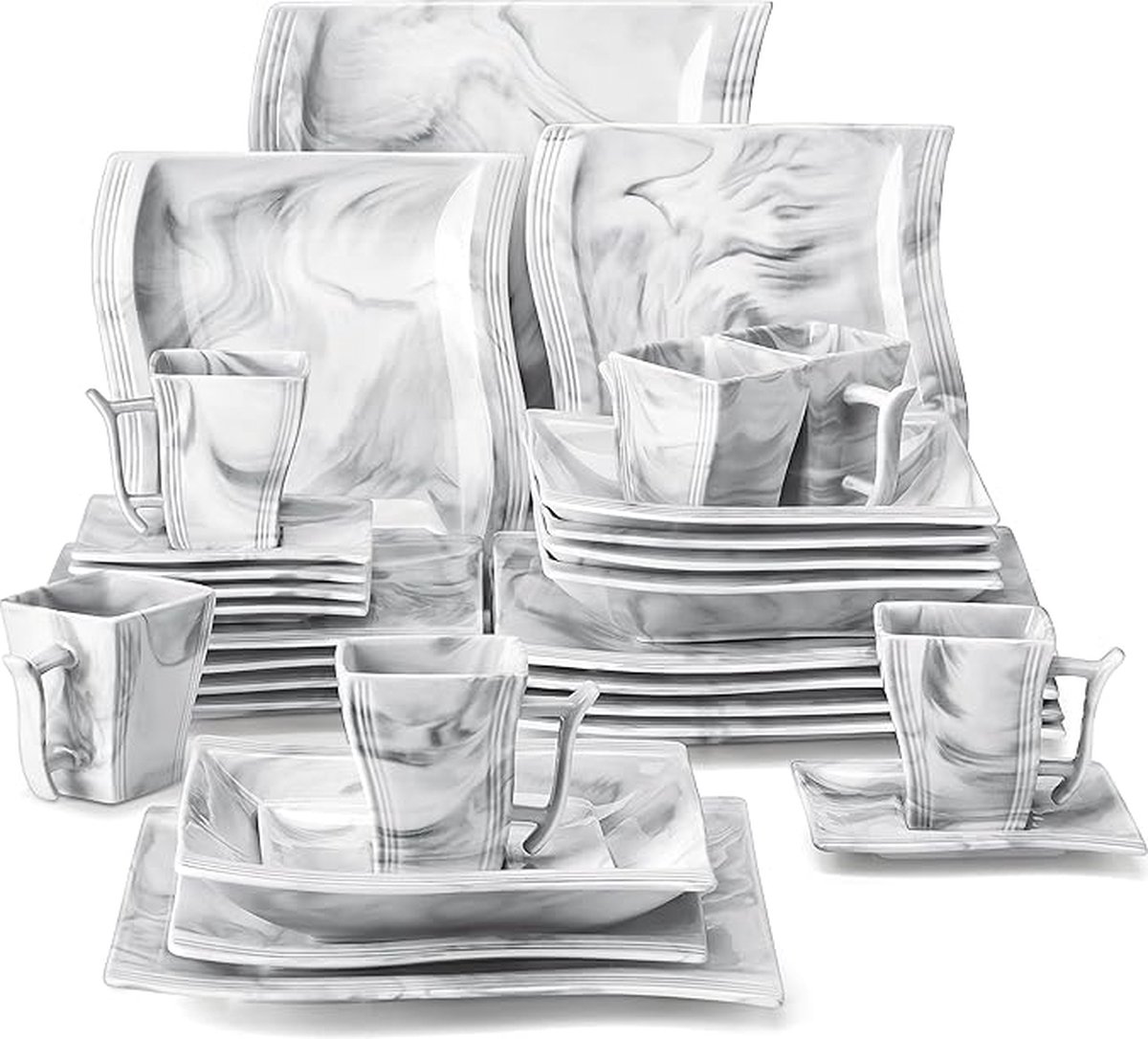 Serviesset - 6 Persoons Servies - Keramiek - Diner-, Soep- en Dessertborden - Kopjes en Schotels - 30-delige Set - Wit - Marmer