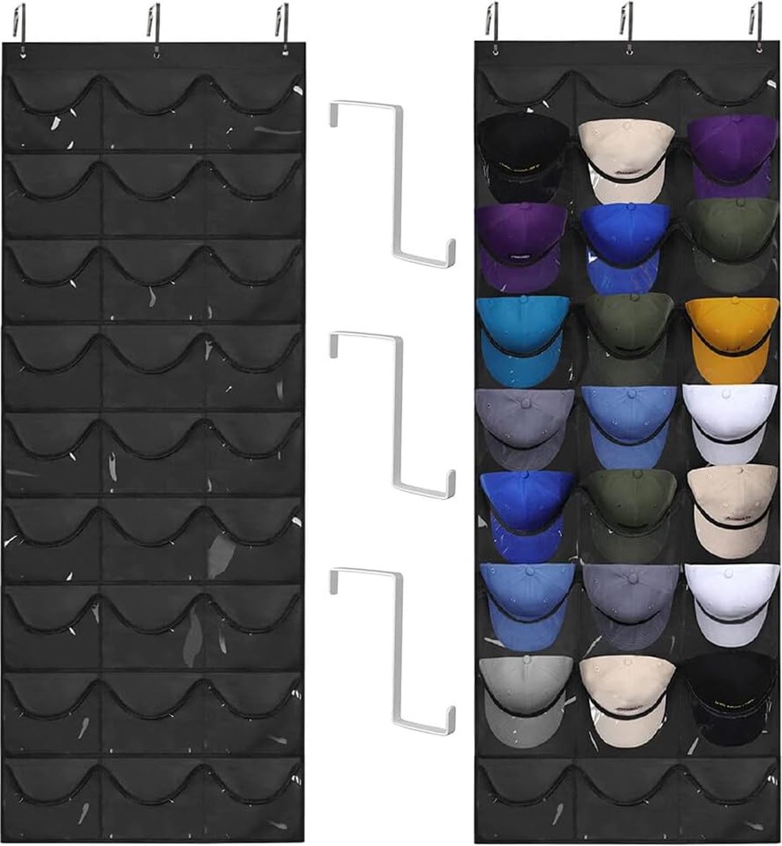 Goodivery ® Capaciteit Rijke Hoedenorganisator met 24 Vakken en Drie Metalen Haken voor Muurmontage