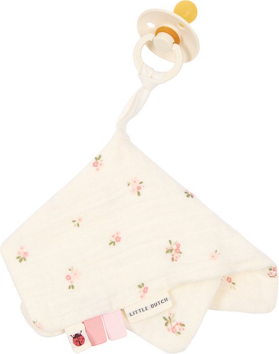 Crème speendoekje met roze bloemenprint, label en bijtring.