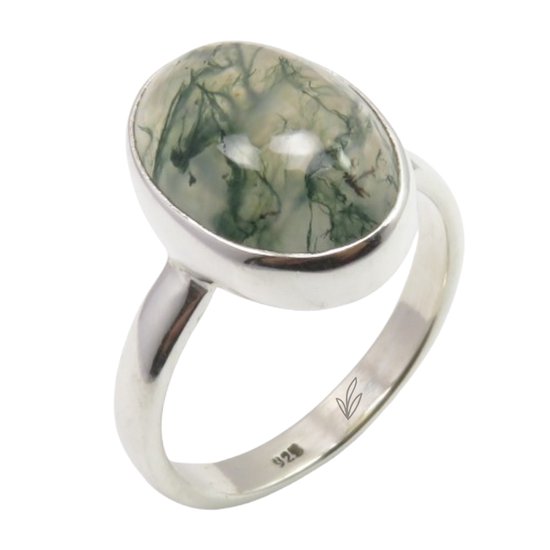 Bague en argent 925 avec une grande pierre d'agate mousse ovale.