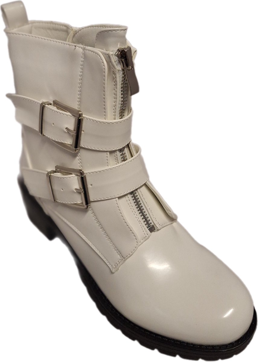 LUCKYSHOES-BIKERBOOTS-WHITE-LAKMIRROR-2 RIEMEN MET GESP -PROFIELZOOL-39