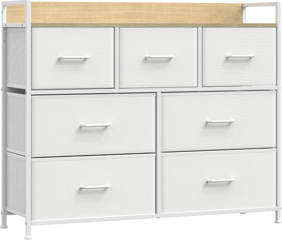 MAZAZU MIRA Home Ladekast met 7 Stoffen Lades - Opbergkast Slaapkamer - Wit - 28,5 x 98 x 85 cm