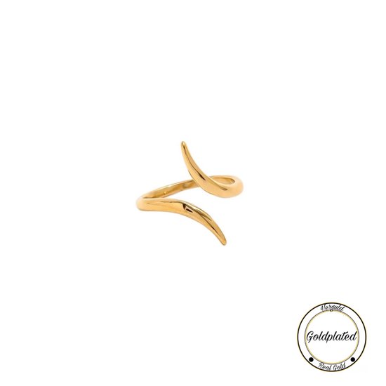 Gouden slangring met open uiteinden op witte achtergrond. Tekst 'Vergulde' en 'Echt Goud'.