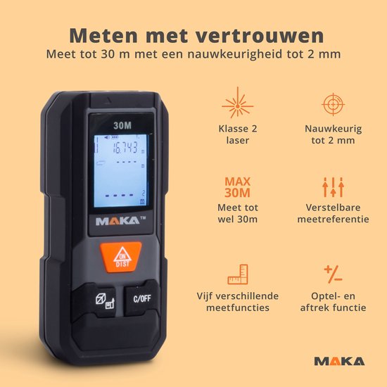 Maka Digital Laser Distance Meter - 30 m - Référence de mesure réglable