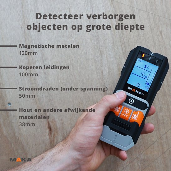 MAKA 5-in-1 detector met duidelijke weergave: magnetische metalen tot 120mm, koper tot 100mm, stroomdraden tot 50mm, hout tot 38mm.