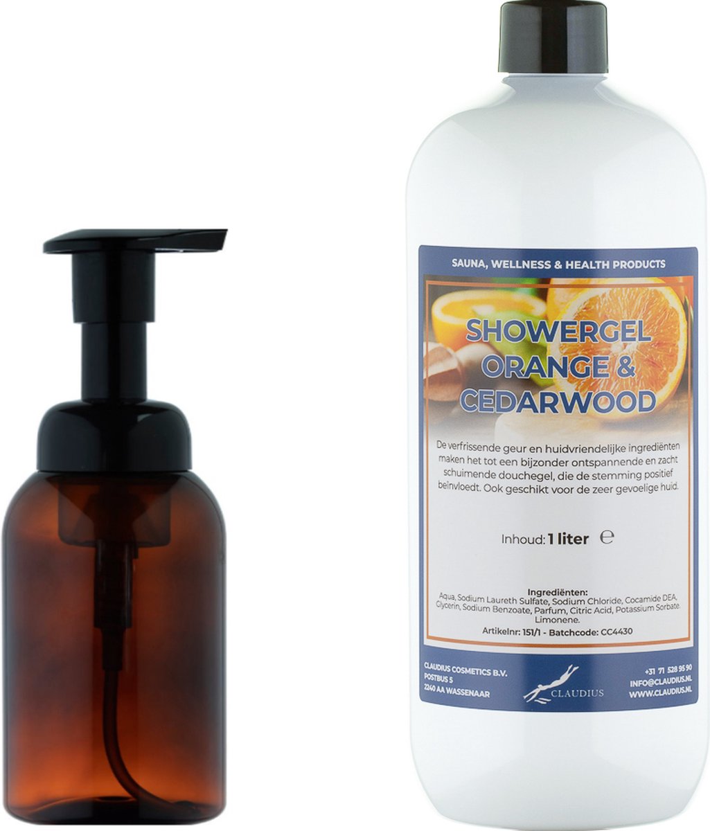 Goedkoopste Zeepdispenser 300 ml amber bruin hervulbaar 1 liter Showergel Sweet Orange & Cedarwood navulling
