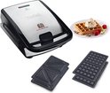 Tefal snackapparaat met wafelplaten, tostiplaten en een gemaakte wafel.