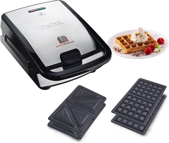 Tefal snackapparaat met wafelplaten, tostiplaten en een gemaakte wafel.
