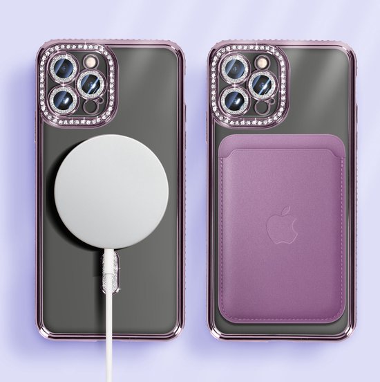 Avizar Diamond hoesje Geschikt voor Apple iPhone 12 Pro Max bescherming MagSafe Omtrek Strass, Paars