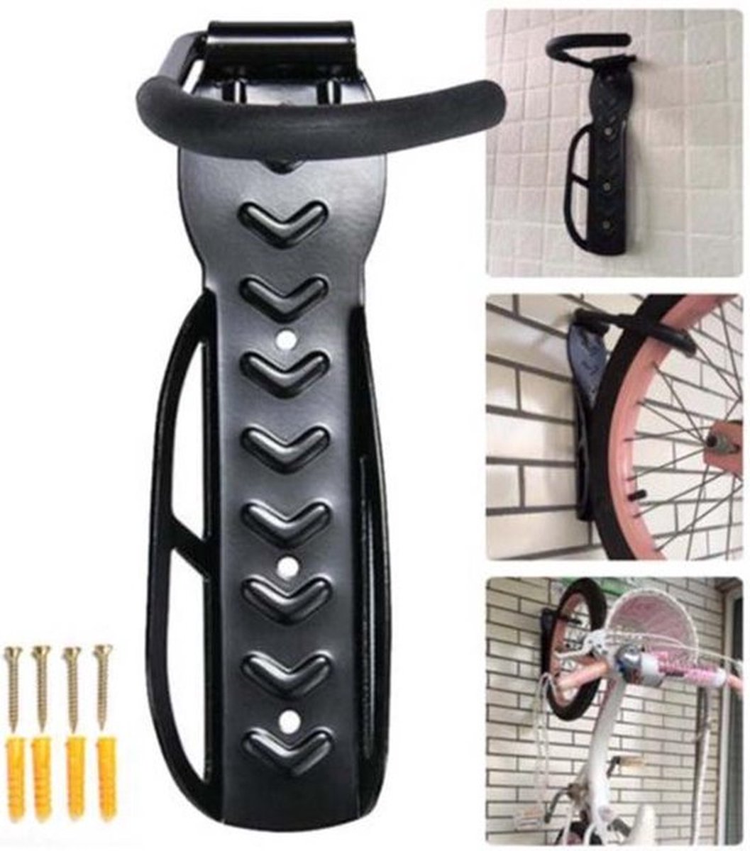 Metalen Muurbevestiging Opbergbeugel Voor Fiets - Verticale Fietsenrek - Garage Fietshanger - Muurhanger - Ophang Haak - Opbergsysteem Fietshaak - Belastbaar tot 30kg - Inclusief Schroeven - Zwart