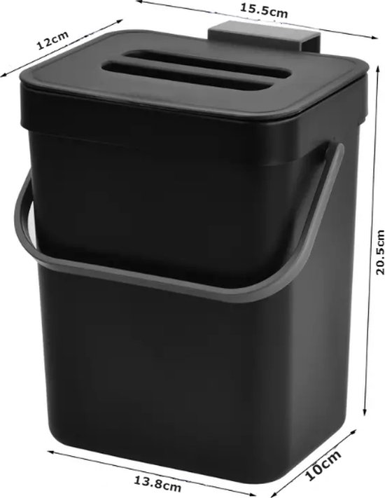 Zwarte compostbak met afmetingen: 12 x 13.8 x 20.5 cm, 10 cm diep.