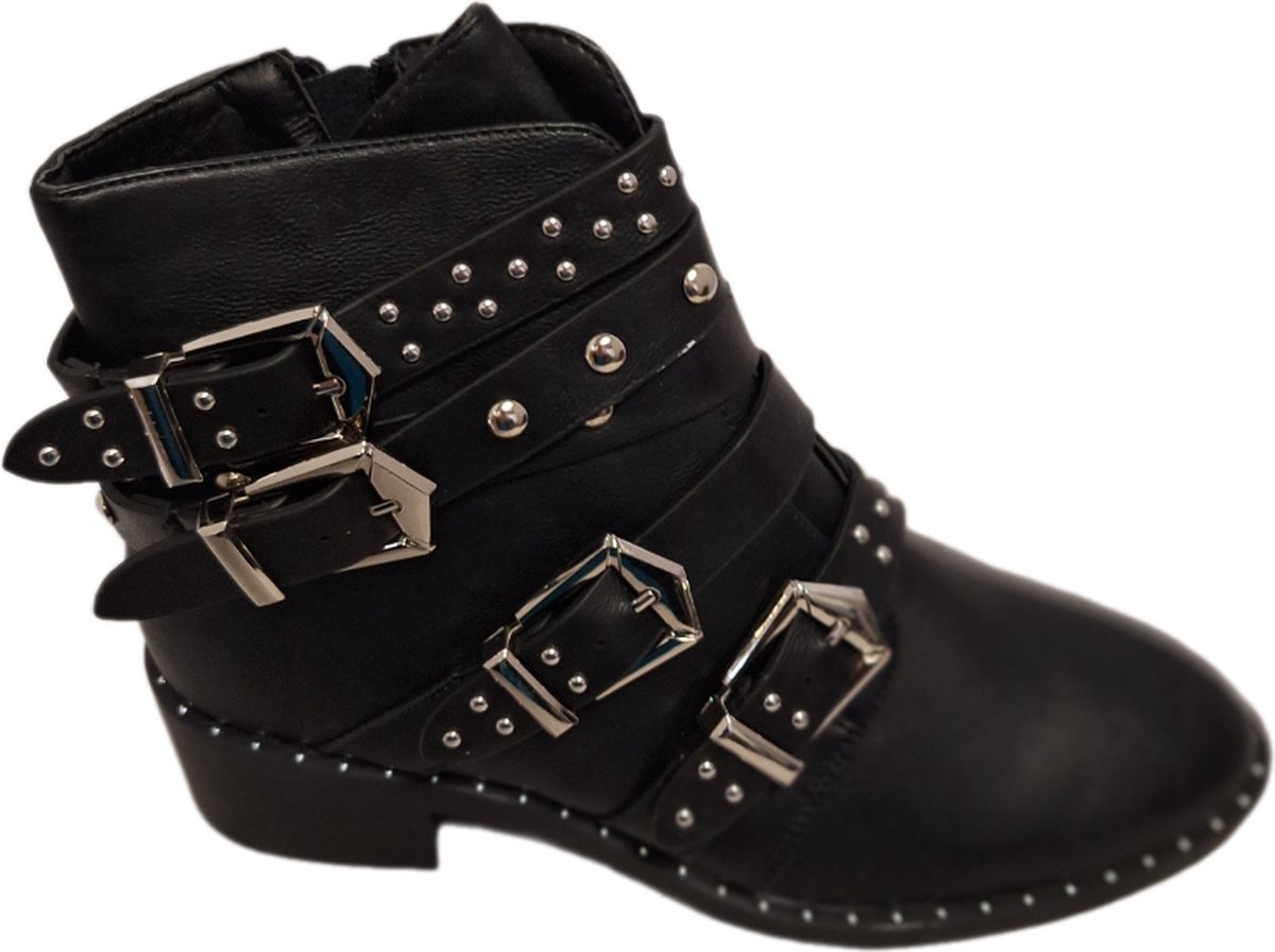 LUCKYSHOES -BIKERBOOTS-4 RIE MET GESP-SILVER STUDS- HAK