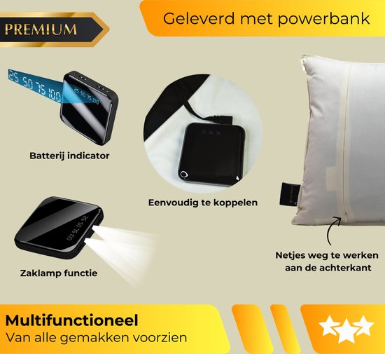 Crèmekleurig kussen met zichtbare powerbank en batterij indicator. Tekst: 'Premium', 'Geleverd met powerbank', 'Batterij indicator', 'Zaklamp functie', 'Eenvoudig te koppelen', 'Netjes weg te werken aan de achterkant', 'Multifunctioneel'.