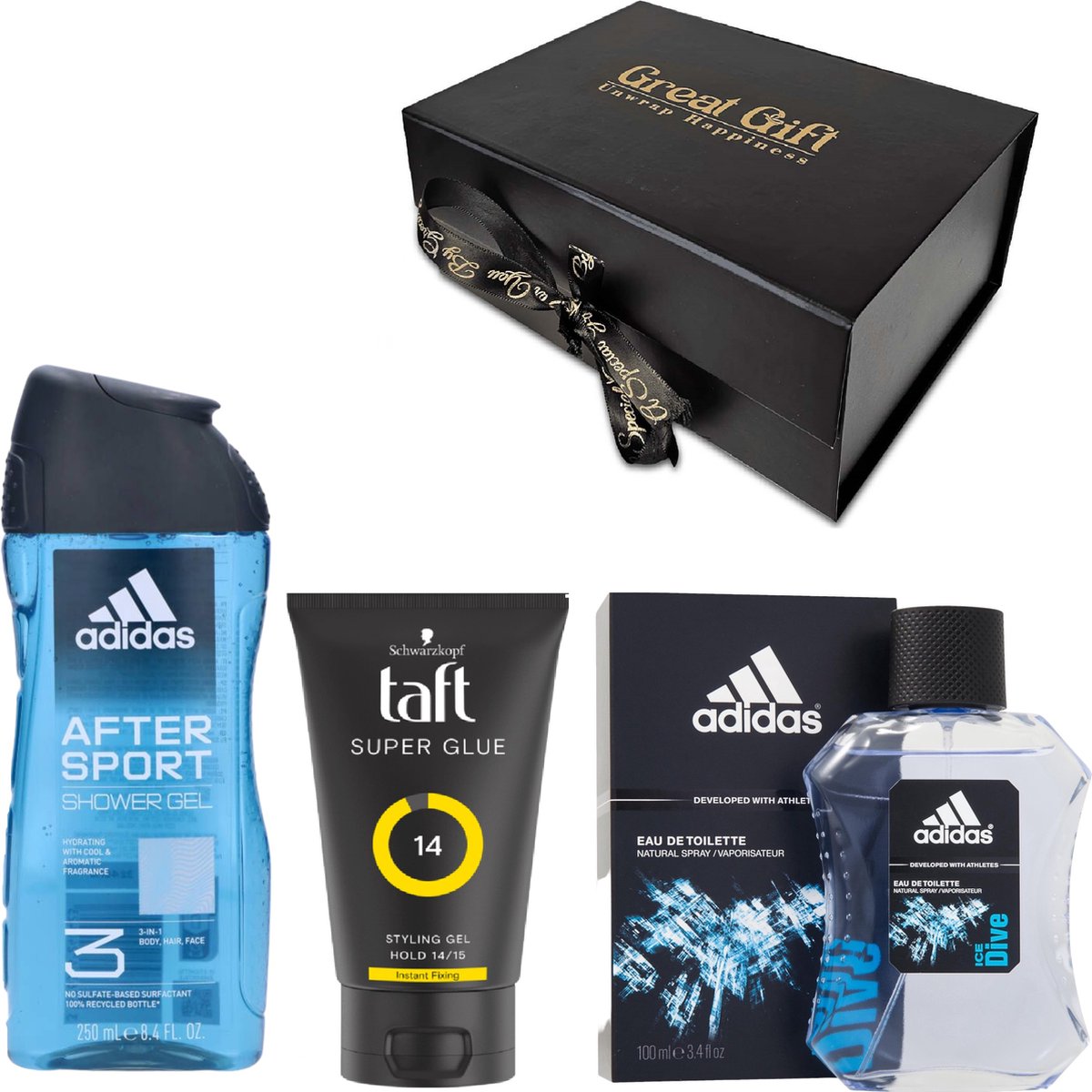 Goedkoopste GreatGift - Cadeaupakket voor Mannen - Douchegel - Aftershave - Styling Gel - Adidas - Vaderdag - Voor Mannen - Cadeau voor hem - Cadeau - In Luxe Giftbox