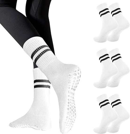 Lot de 3 paires de chaussettes antidérapantes en coton pur pour le yoga, le ballet, la danse et la gym pieds nus. Taille unique. Blanc.