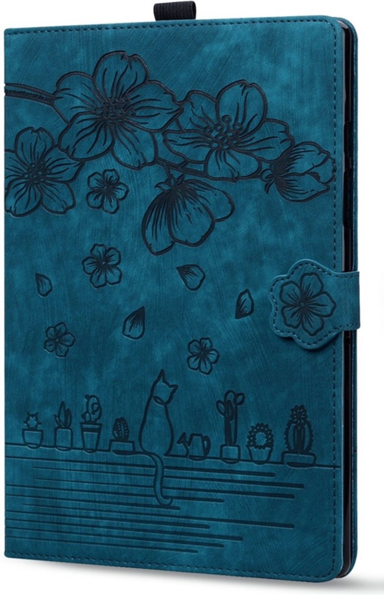 Luxe Bescherm-Etui Hoes Map geschikt voor Apple iPad 10 - A16 - 10.9 - 2022 - 2025 - Bloemen en Kat - Blauw