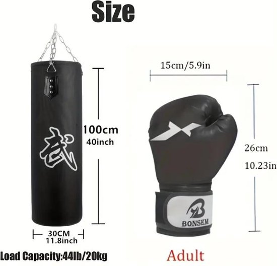 Afmetingen zwarte bokszak 100cm hoog, 30cm breed. Bokshandschoenen volwassen, 26cm hoog. Belasting: 44lb/20kg.