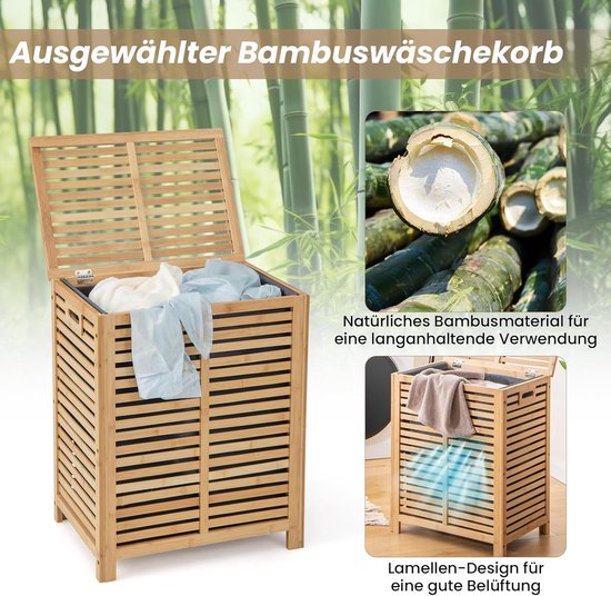 COSTWAY Wasmand met deksel, groot, 80 l wasmand, bamboe, wasmand met waszak