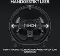 Zwart racestuur met geperforeerd leer, 11 inch diameter. Toont de uitstraling, het gevoel en de duurzaamheid.