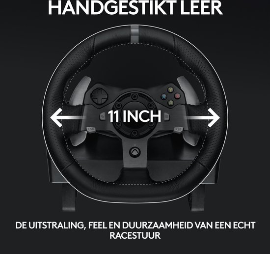 Zwart racestuur met geperforeerd leer, 11 inch diameter. Toont de uitstraling, het gevoel en de duurzaamheid.