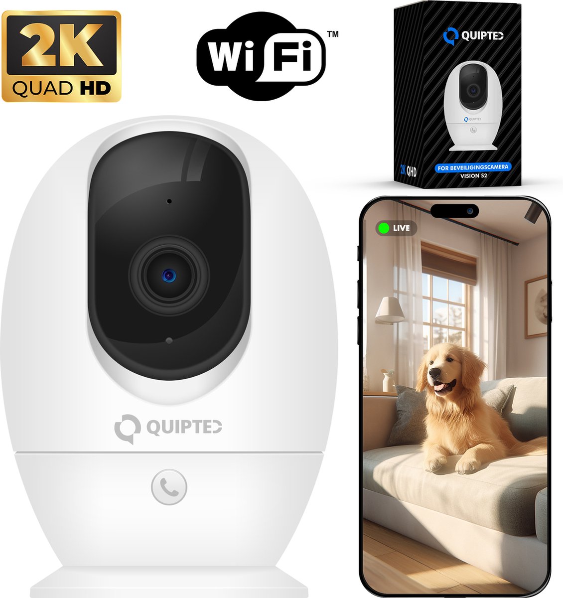 Quipted S2 Beveiligingscamera binnen - Huisdiercamera met app - Petcam - Hondencamera - Met WiFi APP - 2K 4MP Ultra HD - Volgt beweging en geluidsdetectie - Indoor Camera