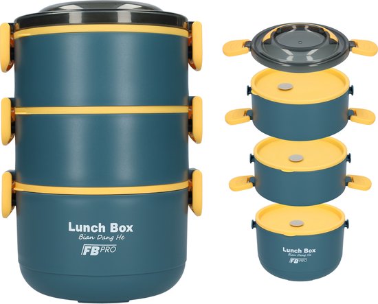 Lunchbox - 3-in-1 - Vershouddoos - RVS vershoudbakjes - Lucht- en waterdicht - Voor warm en koud eten - Inhoud van 2,2L - Groot formaat - Met deksels en lepel! - Blauw/Geel