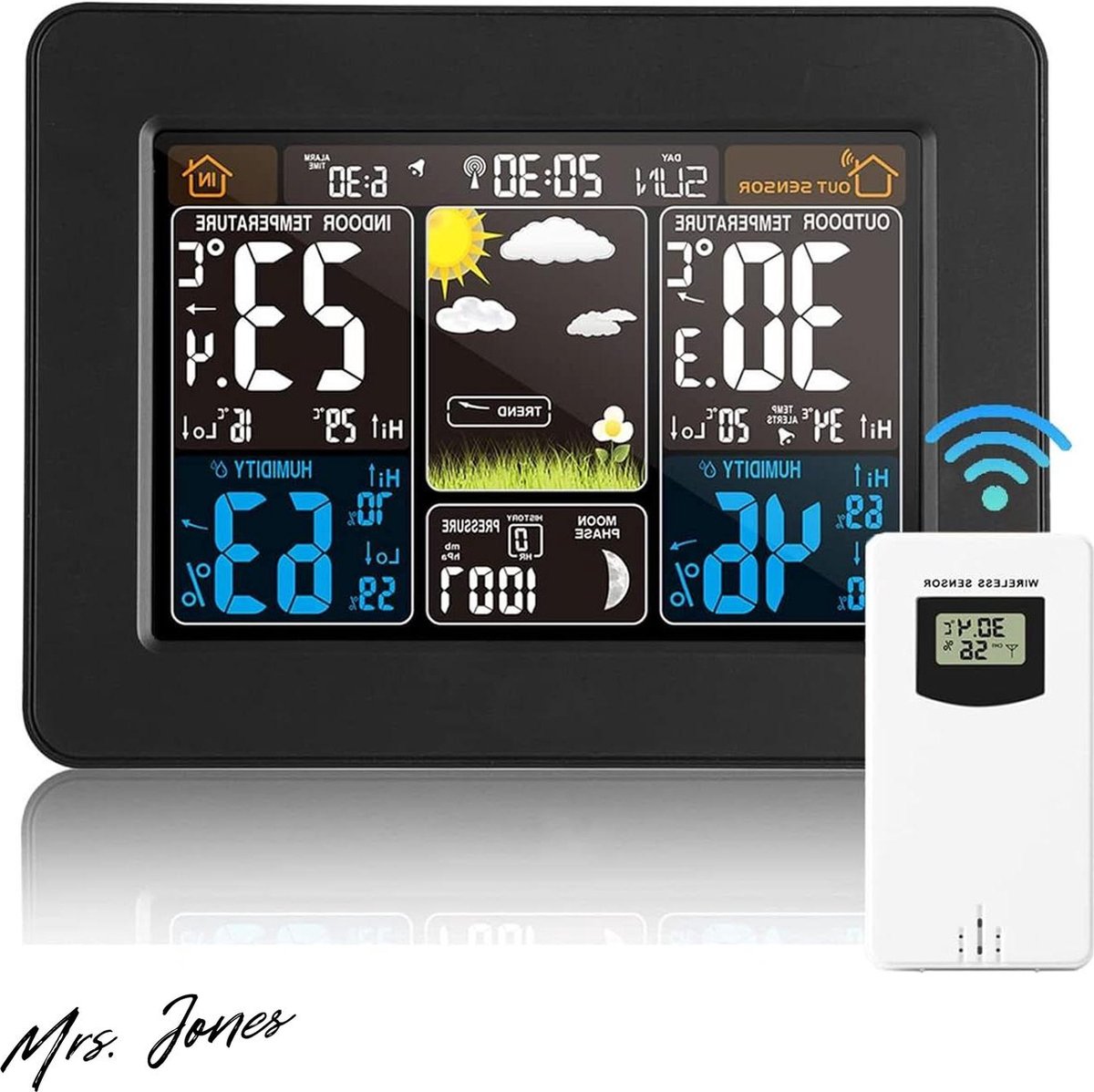 Mrs. Jones Weerstation met kleurendisplay buitensensor DCF-ontvangstsignaal radioklok digitale thermometer hygrometer binnen en buiten kamerthermometer hydrometer vochtigheidssensor .