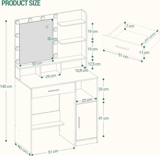 Hzuaneri Kaptafel met Spiegel en Led-Verlichting, Verstelbare Helderheid, Kaptafel met Planken en 2 Lades, voor Slaapkamer, Woonkamer, 40 X 100 X 149 cm, WitDT38703X Hzuaneri Kaptafel met Spiegel en Led-Verlichting, Verstelbare Helderheid, Kaptafel met Planken en 2 Lades, voor Slaapkamer, Woonkamer, 40 X 100 X 149 cm, WitDT38703X