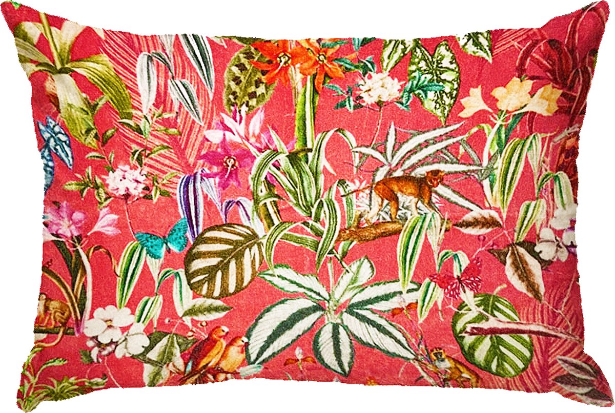 by Mooss - Sierkussen 60 x 40 cm - Velours - Tropisch Bloemen Aap Vogels - Roze - Inclusief binnenkussen