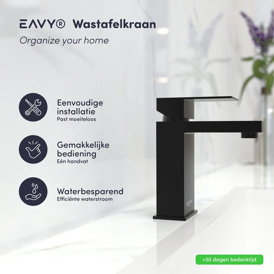 Robinet pour lavabo EAVY - Lavabo - Robinet - Salle de bain - Zwart - Tuyaux de raccordement inclus