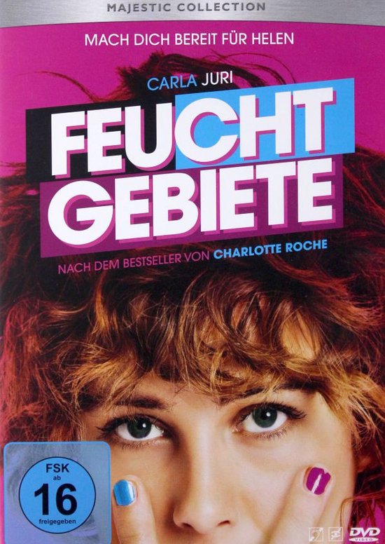 Voorzijde van de dvd-hoes met de titel 'FEUCHT GEBIETE' in grote letters, de tekst 'MACH DICH BEREIT FÜR HELEN' en een close-up van een vrouw met warrig haar.