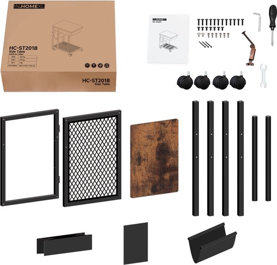 Onderdelen van een bijzettafel, inclusief doos, instructies, schroeven, wieltjes, metalen frame en een houten blad.
