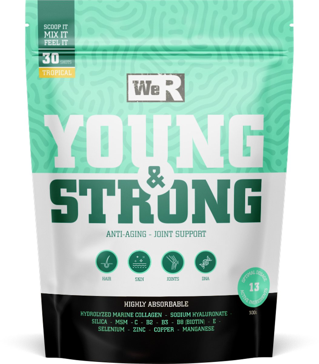Goedkoopste We'R Young & Strong -(30serving)- Anti-aging - verjongt huid, haar en nagels - versoepelt gewrichten en pezen- hoog gedoseerd - 13 ingrediënten - wetenschappelijke formule - gehydrolyseerd collageen - hyaluronzuur - MSM - bamboo extract