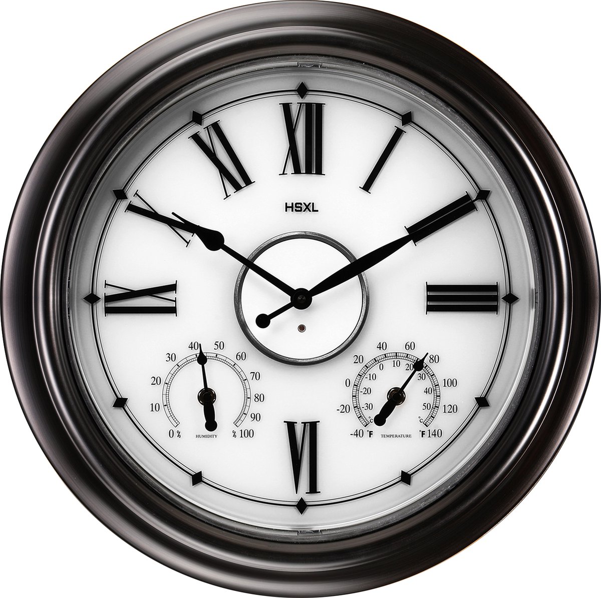 Grote Wandklok 45 cm – Binnen/Buiten – Industrieel – Stil & Verlicht – Waterdicht – Met Thermometer & Hygrometer – Zwart/Dark Brons