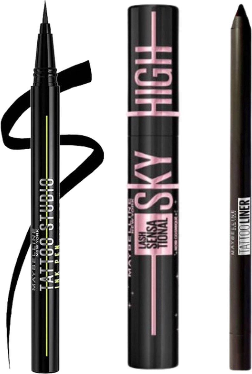 Goedkoopste Maybelline Cadeauset Eye Essentials Black - Maybelline Sky High Mascara Cosmic Black - Maybelline Eyeliner Tattoo Liner Ink Jet Black - Maybelline Liner Pencil Gel Onyx