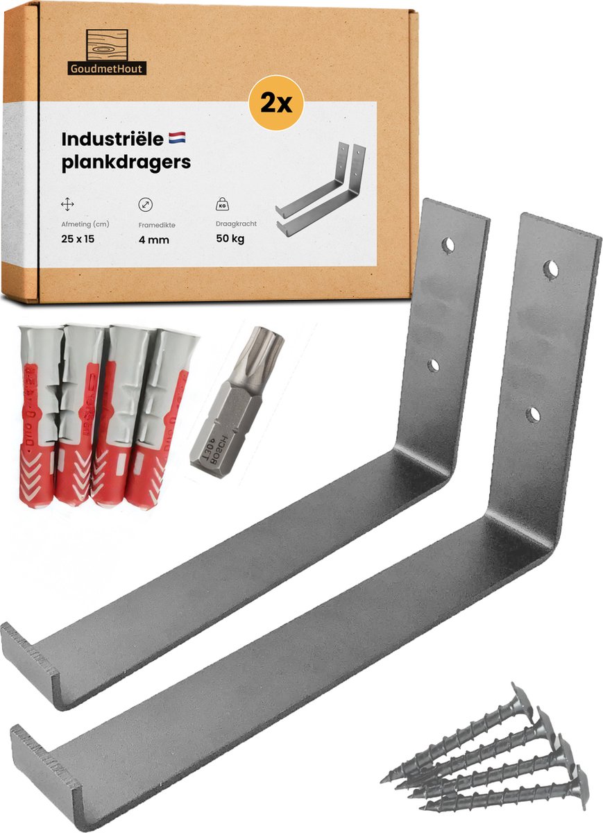GoudmetHout® Industriële Plankdragers L-vorm UP - 25 cm - Stalen Plankdrager voor Wandschap, Muurrek of Wandconsole - Max 50 kg - 2 Stuks - Zonder Coating
