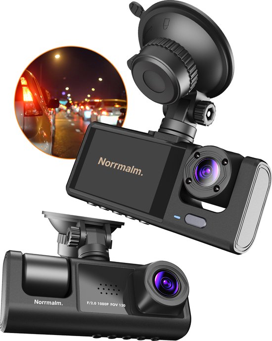 Norrmalm® Dashcam voor auto - WIFI - Gratis App (iOS & Android) - 64GB SD-Kart - Voor & achter camera - 3 in 1 HD Dashcam - G-sensor - Loop opname - Zwart
