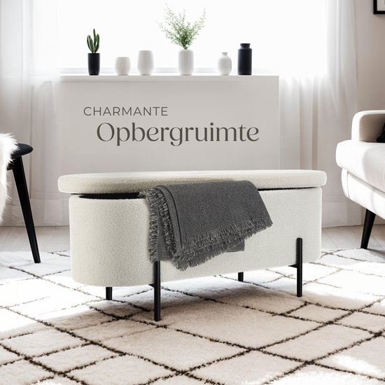 tectake - banc rembourré - banc en MDF Lanja - avec tissu bouclé et espace de rangement - blanc crème