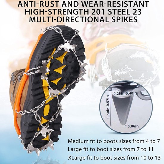 HIKENTURE Grödel Stijgijzers voor bergschoenen, schoenspikes met 11 roestvrijstalen tandspikes, schoenspikes, antislip, crampons, ijsklampen voor wandelen, trekking, sneeuw, ijs, winter, outdoor, A3-L