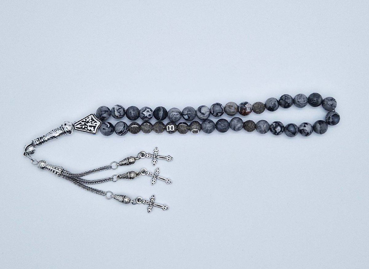 Handgemaakte naam tasbih 33 Kralen Natuursteen “Map Jaspe” - met metaal tassel “ Kruis"- Met je naam of de naam van uw geliefde- 8 mm diameter van de korrel