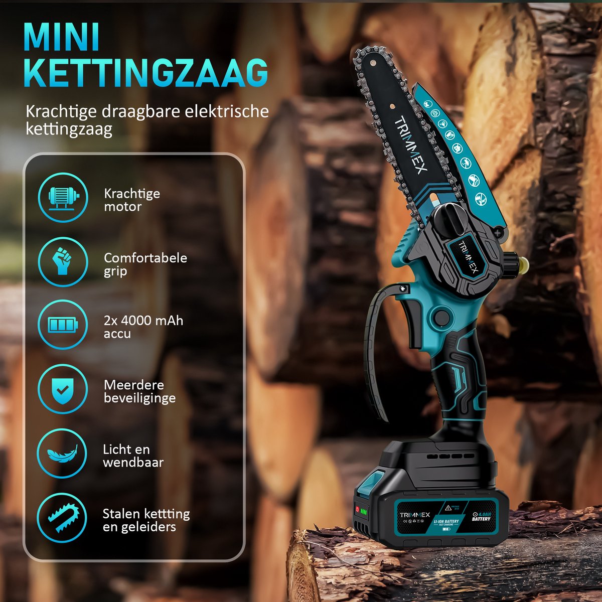 Trimmex® Mini kettingzaag Inclusief 2 Led-Accu's - 2X 4000mAh - Elektrisch Handkettingzaag - Snoeizaag - Takkenzaag - Handzaag - Boomzaag - Automatische Kettingsmering - Brushless – foto 4