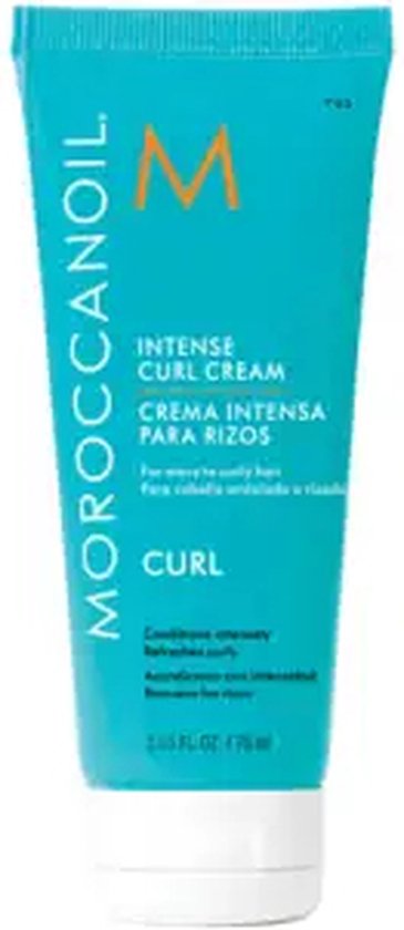 Turquoise Moroccanoil tube met 'M' logo en tekst 'INTENSE CURL CREAM'. 75ml.