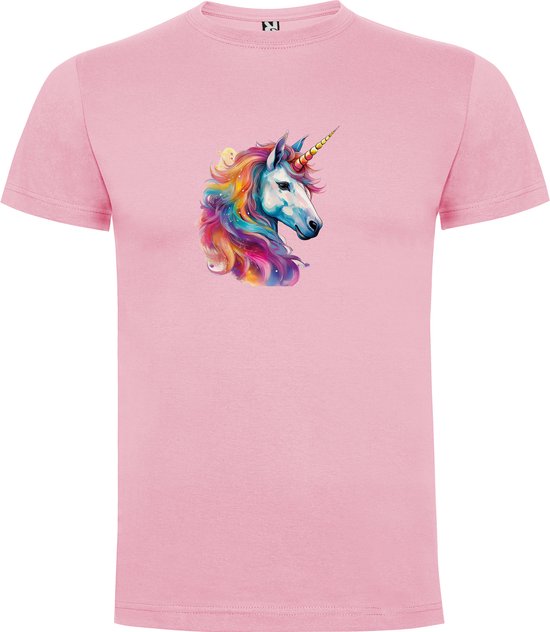 Zacht Roze T-Shirt met “Kleurrijke Prachtige Grote Eenhoorn – Sprookje “ Print Full Color Maat XL