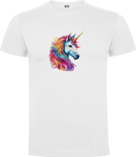 Wit T-Shirt met “Kleurrijke Prachtige Grote Eenhoorn – Sprookje “ Print Full Color Maat 2XL