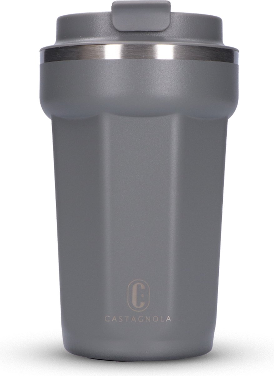 Castagnola Thermosbeker - Koffiebeker To Go - Travel Mug voor Koffie en Thee - Theebeker - 380 ML - RVS - Grijs - Octagon