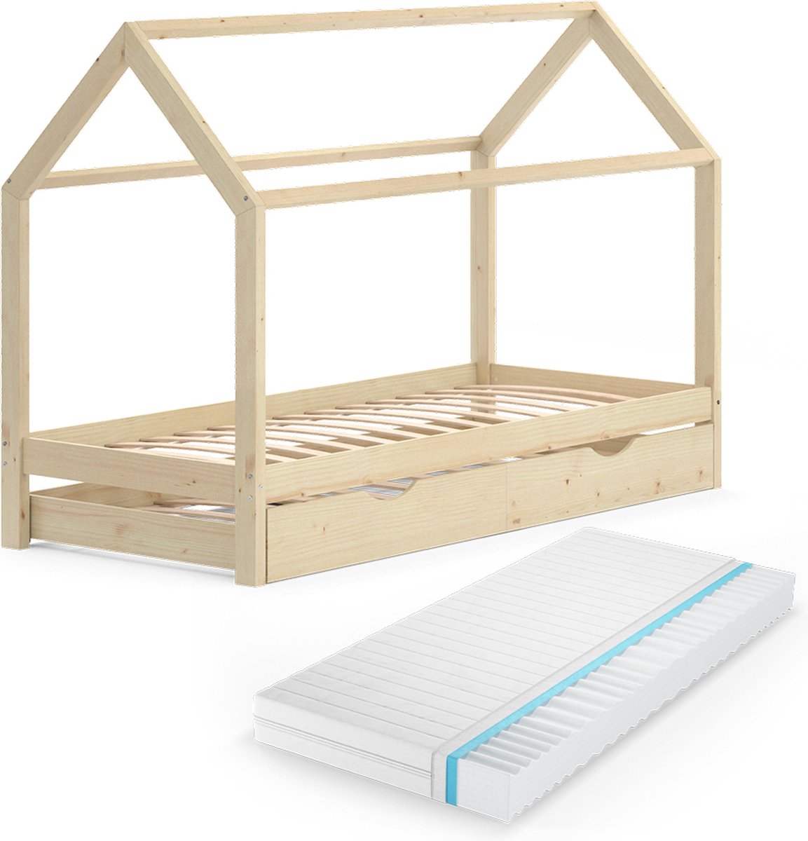 Vitalispa Wiki Huisbed – 90x200 cm met logeerbed en matras Natuurlijk hout