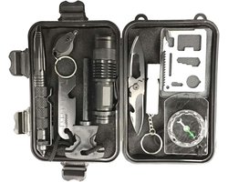 Survival Kit - Bushcraft Kit - Outdoor Noodpakket - Camping Set - Overleving Kit - Inclusief Opbergcase - Zaklamp - Kompas - Mes - Noodpakket - Outdoor - Vuurstarter - Draadzaag - Nood Fluitje